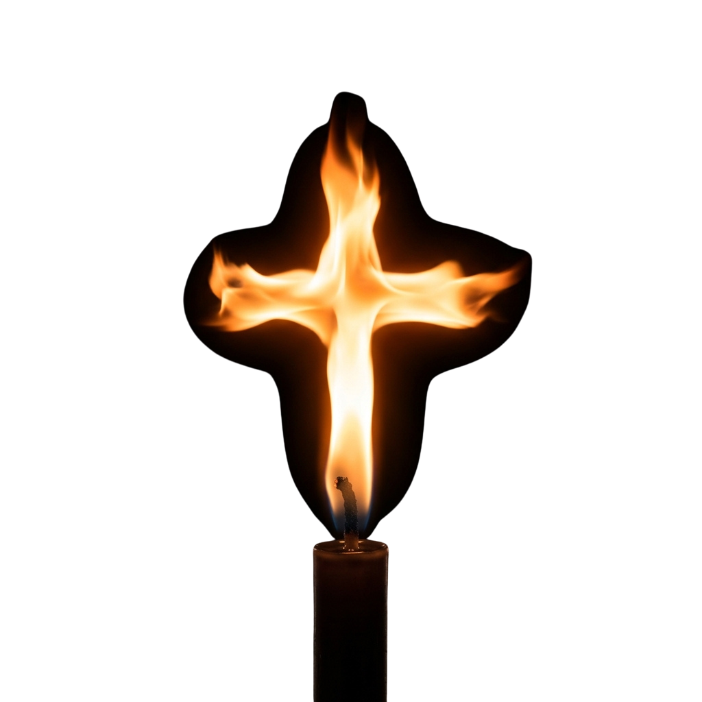 A candle flame shaped like a cross burning against a dark background