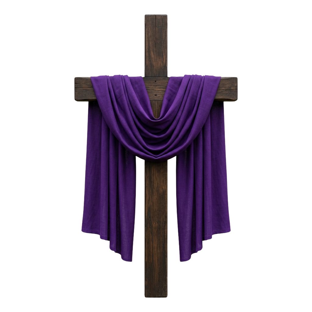 A wooden cross draped with a rich purple fabric cloth