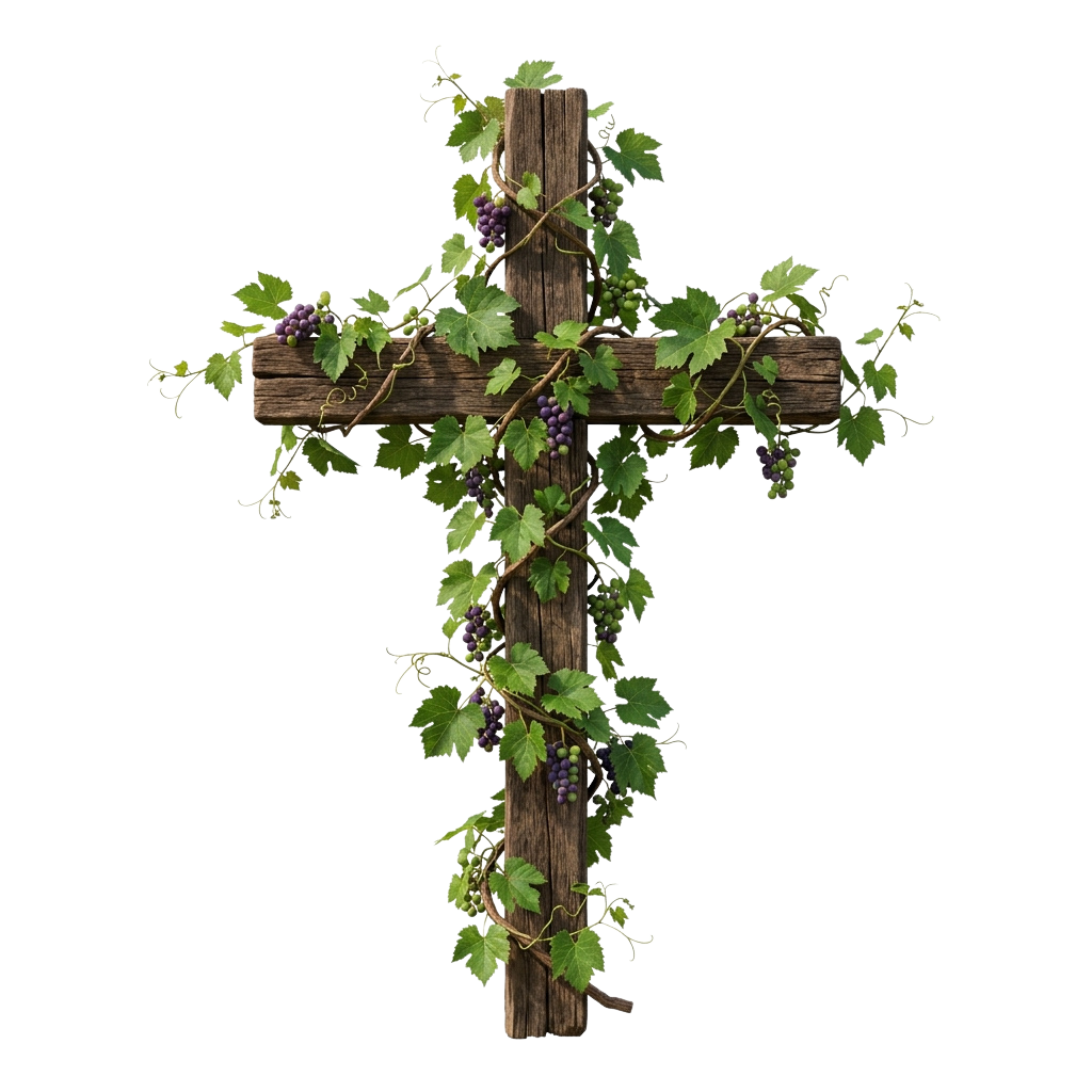 A wooden cross adorned with green grapevine leaves and purple grapes.