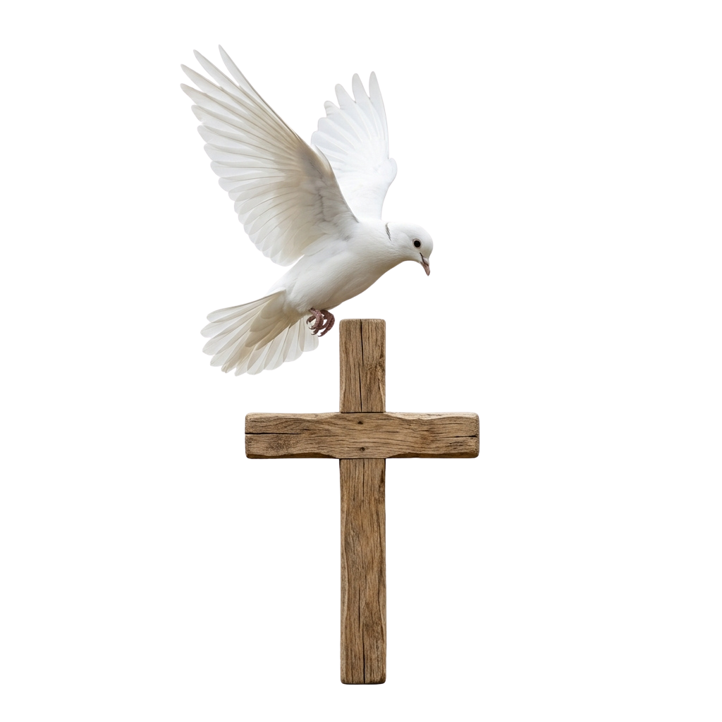 A white dove in flight positioned above a wooden cross against a black background
