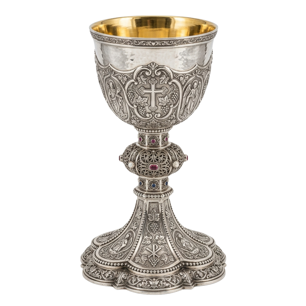A highly detailed silver chalice with ornate religious carvings and a gold interior rim