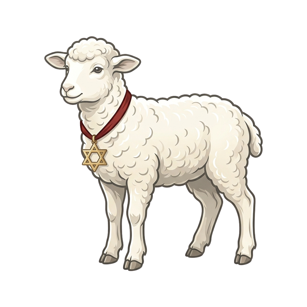 Illustration of a white lamb wearing a red collar with a Star of David pendant