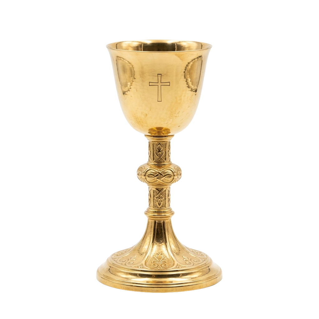 A polished gold chalice with a cross symbol and intricate stem and base designs.