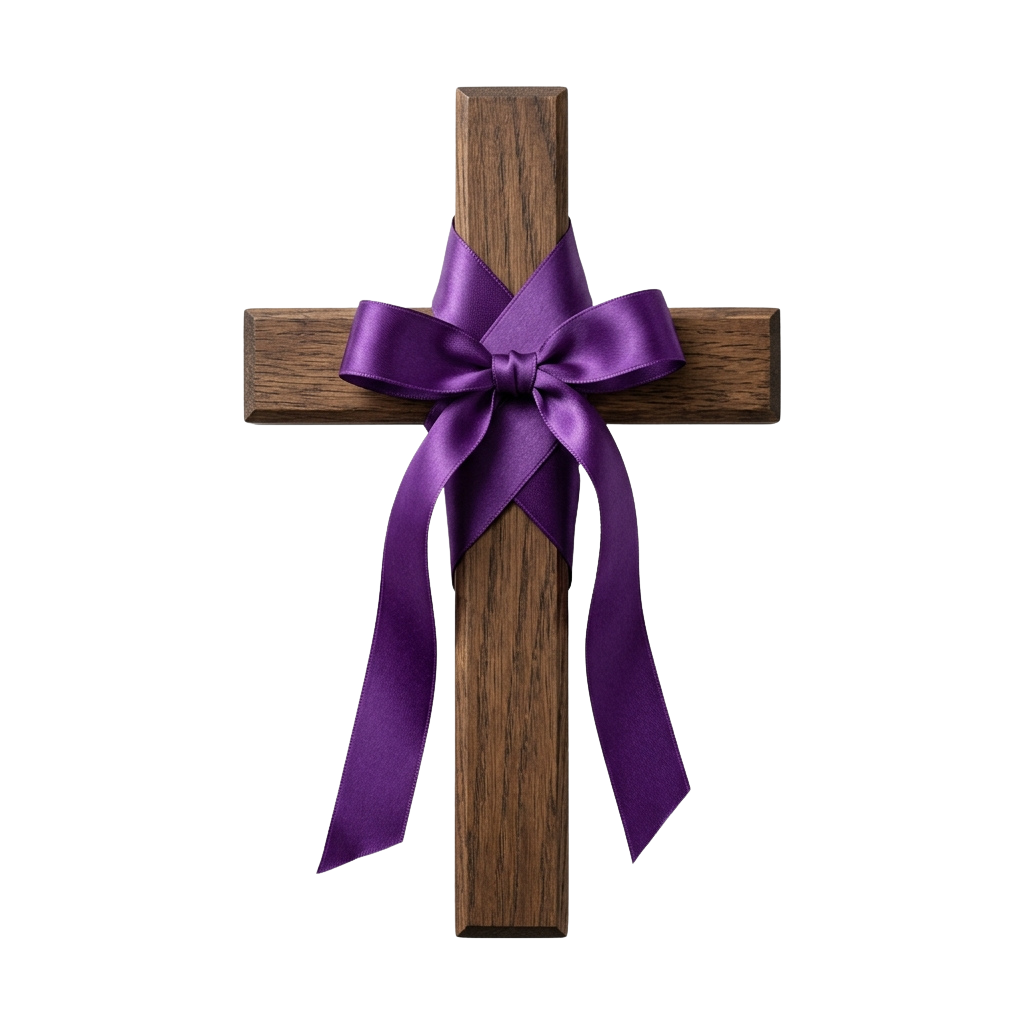 A wooden cross adorned with a large purple ribbon tied into a bow at the center