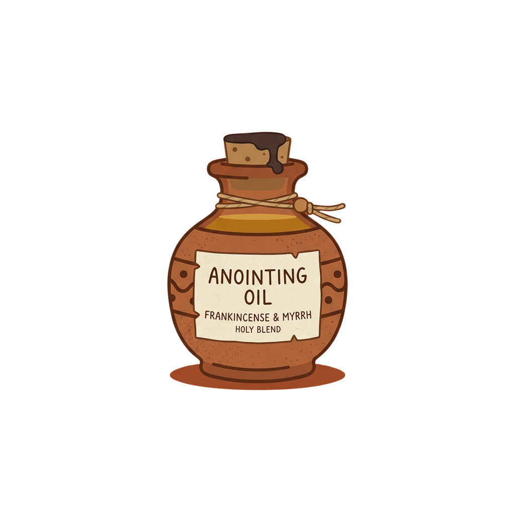 Illustration of a clay bottle labeled anointing oil with frankincense and myrrh holy blend