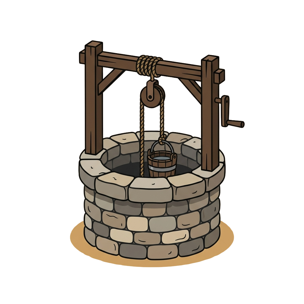 Illustration of a traditional wooden well pump with a bucket hanging over a stone well