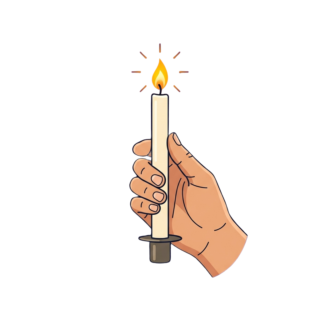A hand holding a lit white candle with a small flame at the top.