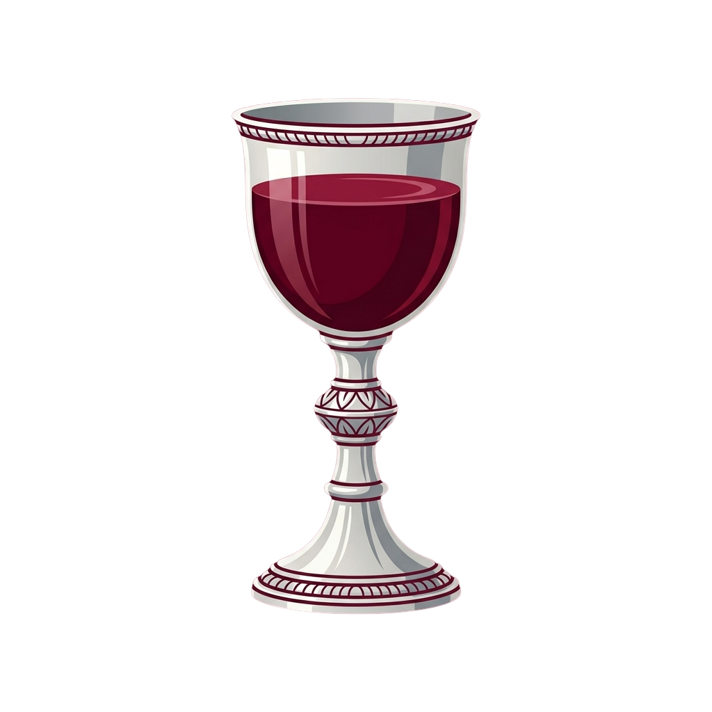 A stylized illustration of a wine goblet filled with deep red liquid against a black background