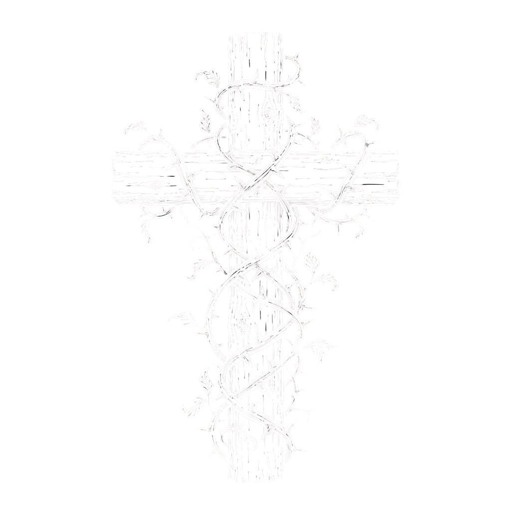 A white cross intricately wrapped with thorny vines against a black background