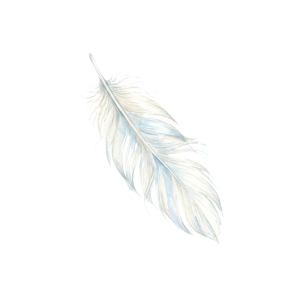 A single white feather with soft blue undertones against a black background