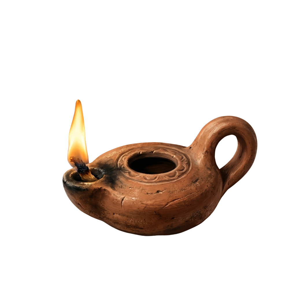 A lit clay oil lamp with a handle and spout, emitting a small flame.
