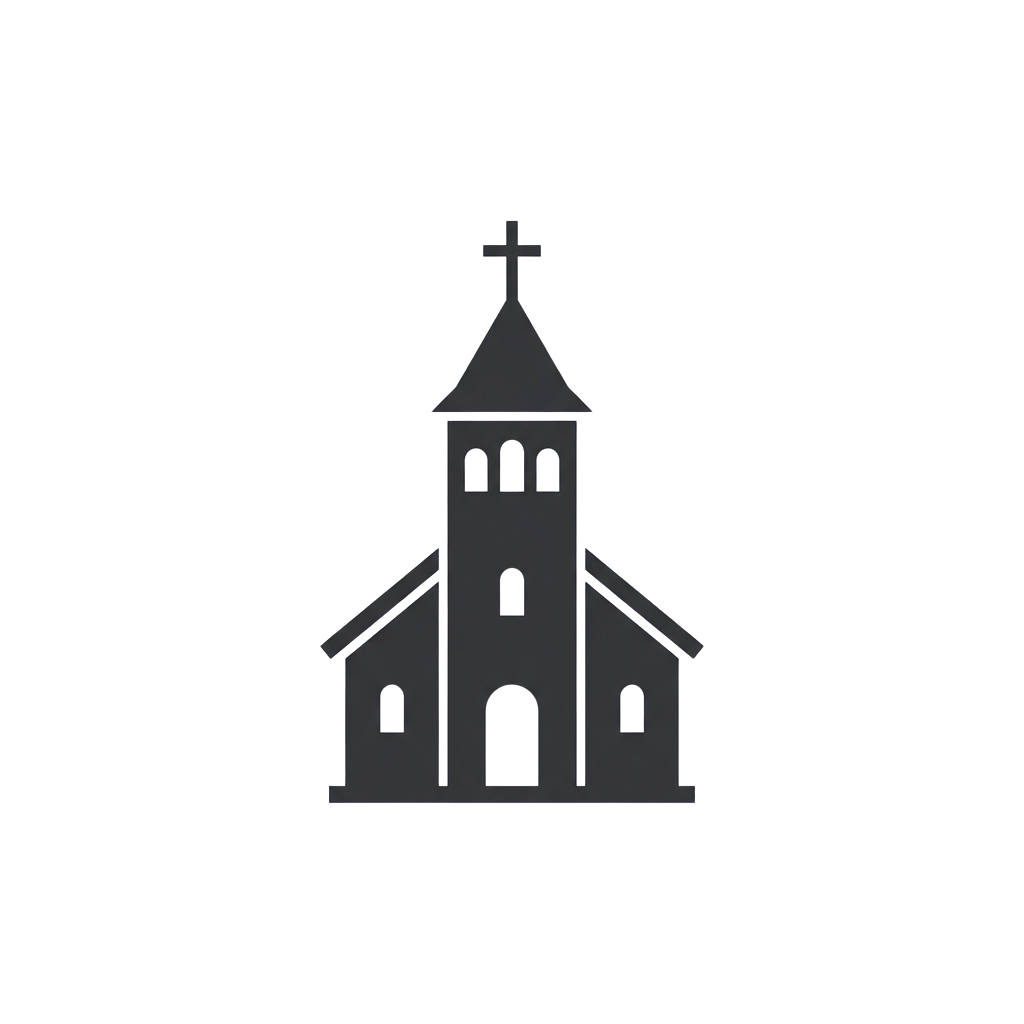 Minimalist line drawing of a church with a cross on top of its steeple