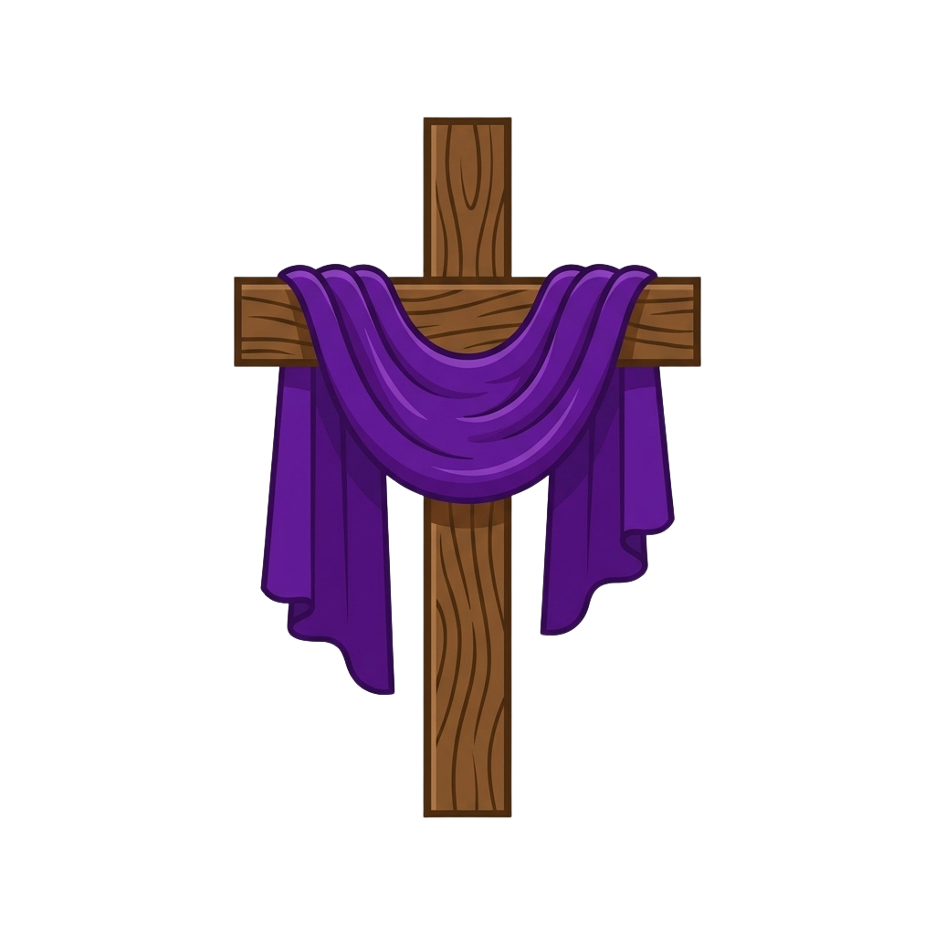 Illustration of a wooden cross with a purple cloth draped over it