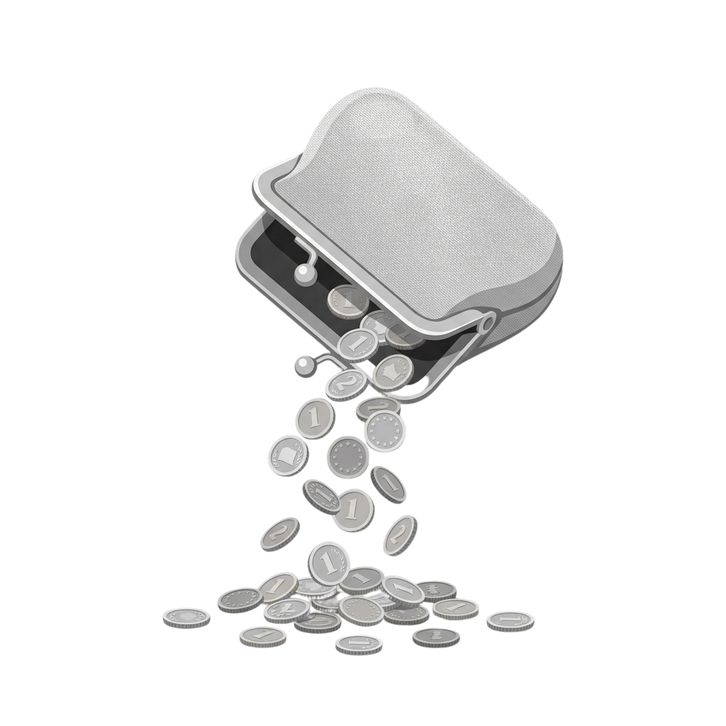 A gray piggy bank with its lid open, spilling out numerous silver coins onto a black background