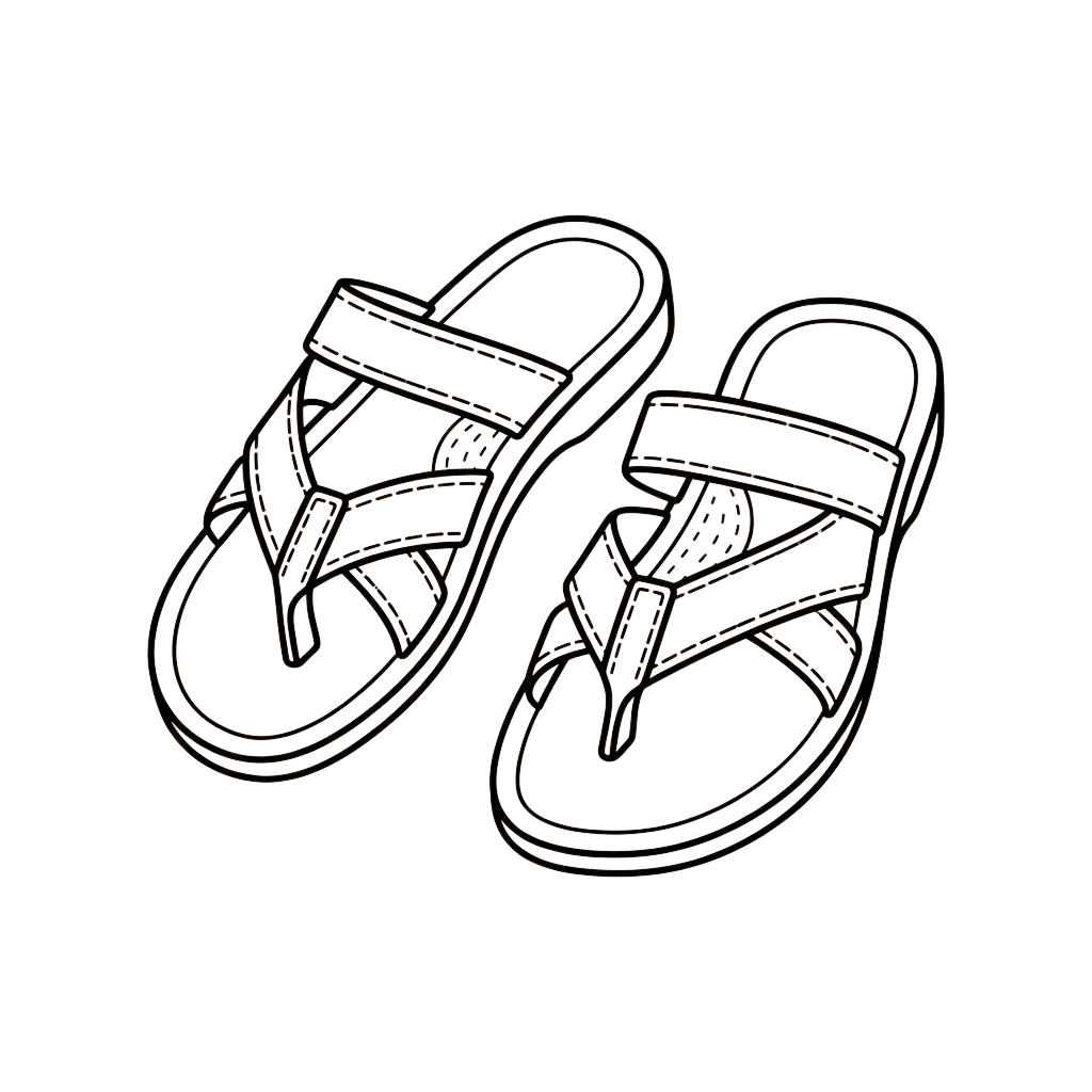 Line drawing of two black sandals with straps and tread patterns facing opposite directions