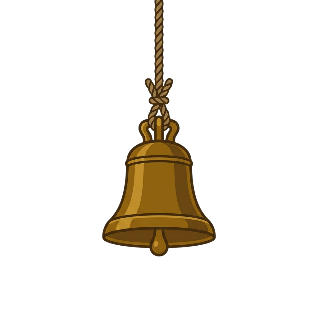 A golden bell hanging from a rope with a decorative knot against a black background