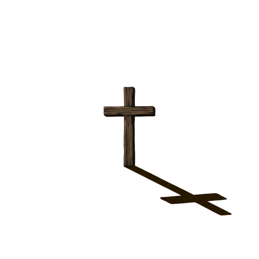 A simple wooden cross casting a shadow on a dark background