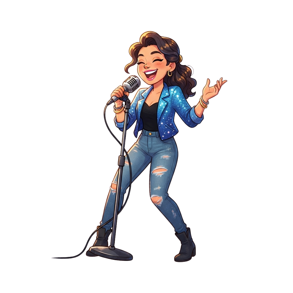 A cheerful cartoon character singing into a microphone on stage with one arm raised
