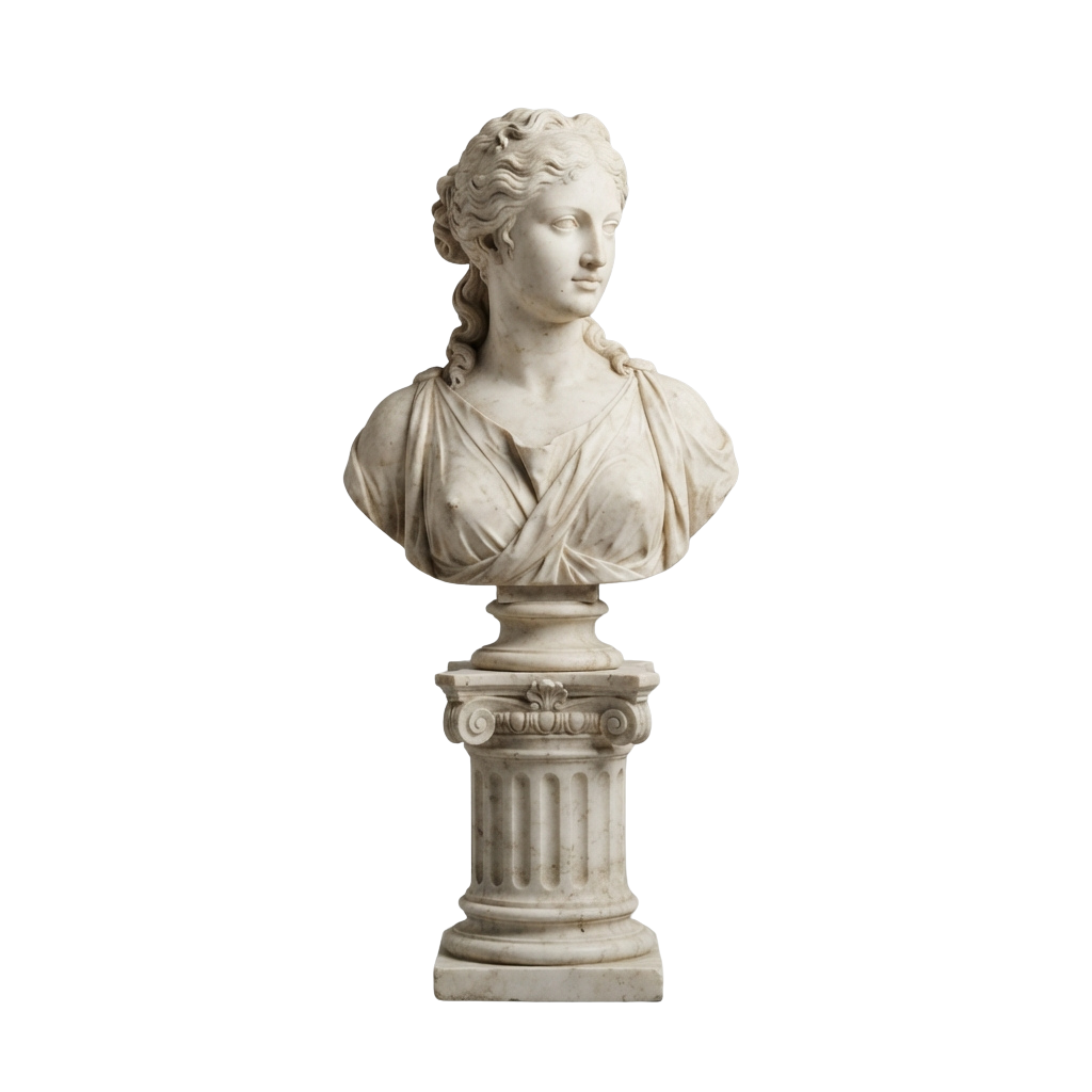 A classical marble bust of a woman with flowing hair and draped clothing on a decorative pedestal.