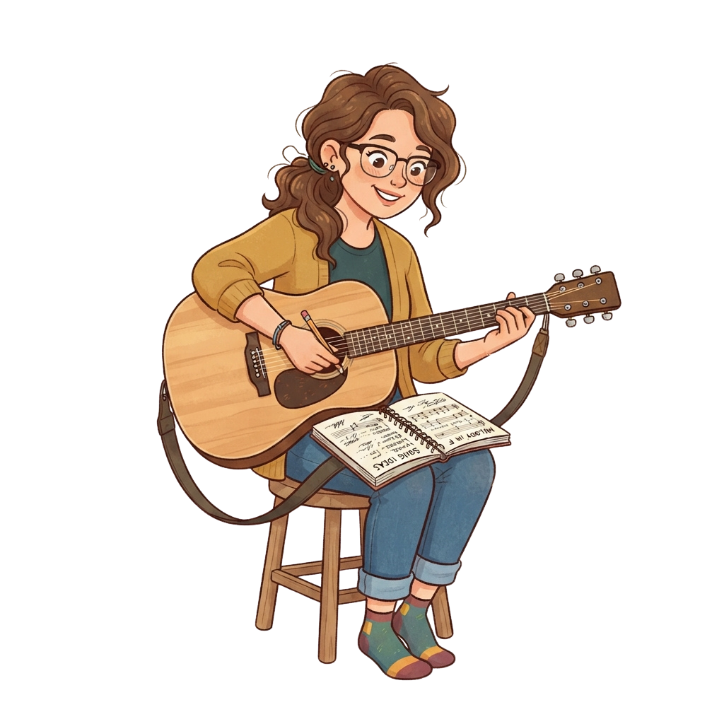 A smiling person with glasses plays an acoustic guitar while sitting on a stool with sheet music open in front of them.