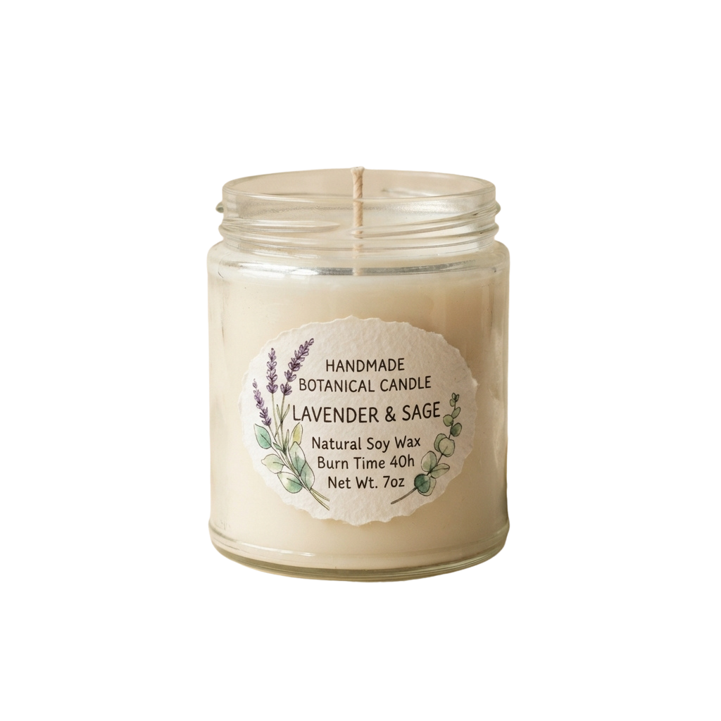 A lit soy wax candle in a glass jar with a lavender and sage label