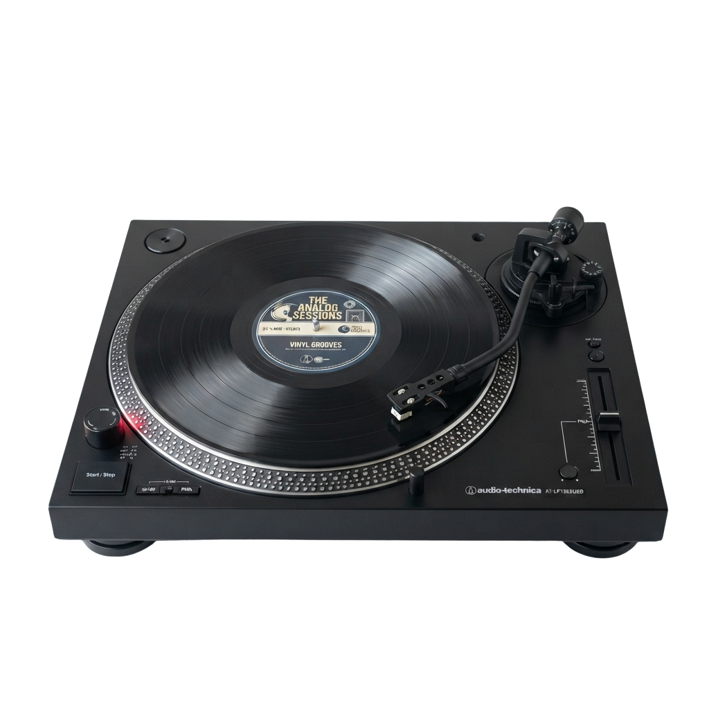 Black turntable with a vinyl record labeled Vinyl Grooves playing on a textured platter
