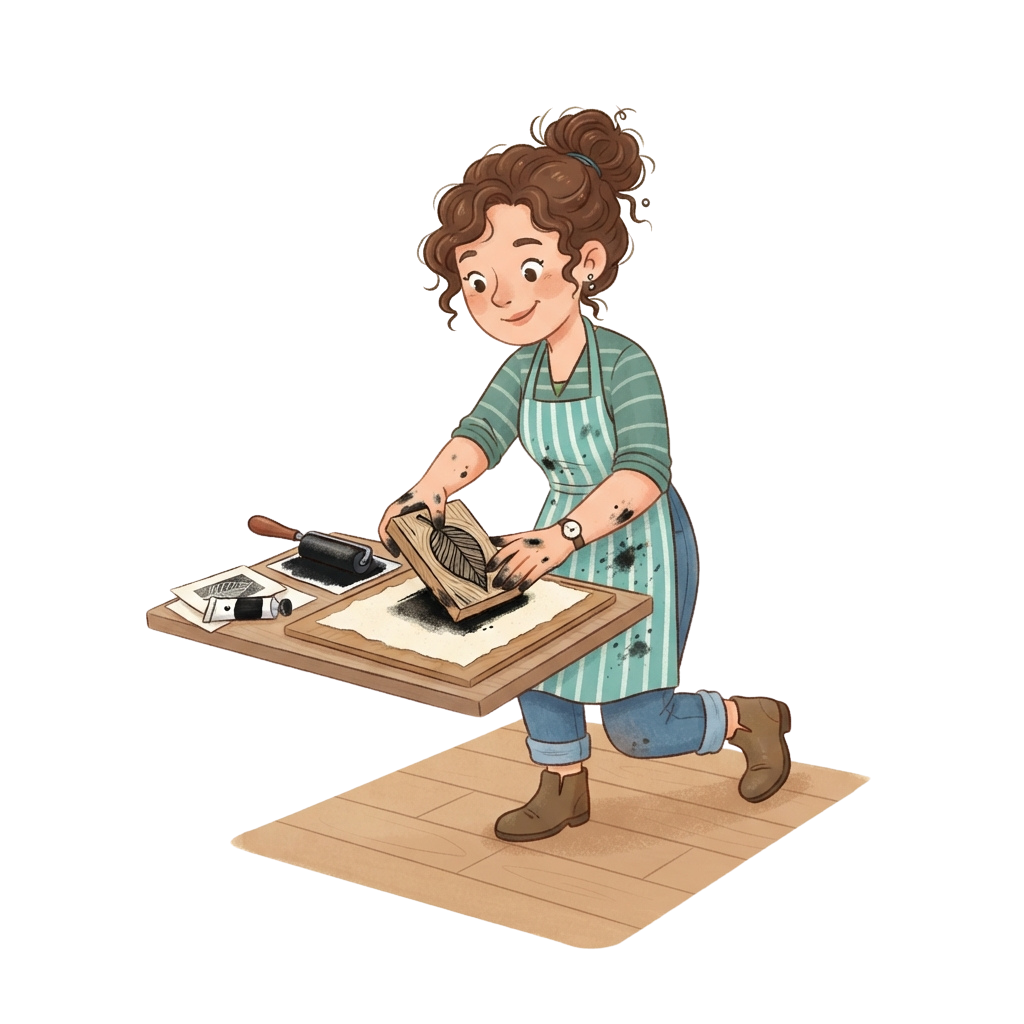 A person wearing a striped apron and blue jeans kneels to create linocut prints using a wooden block and roller.