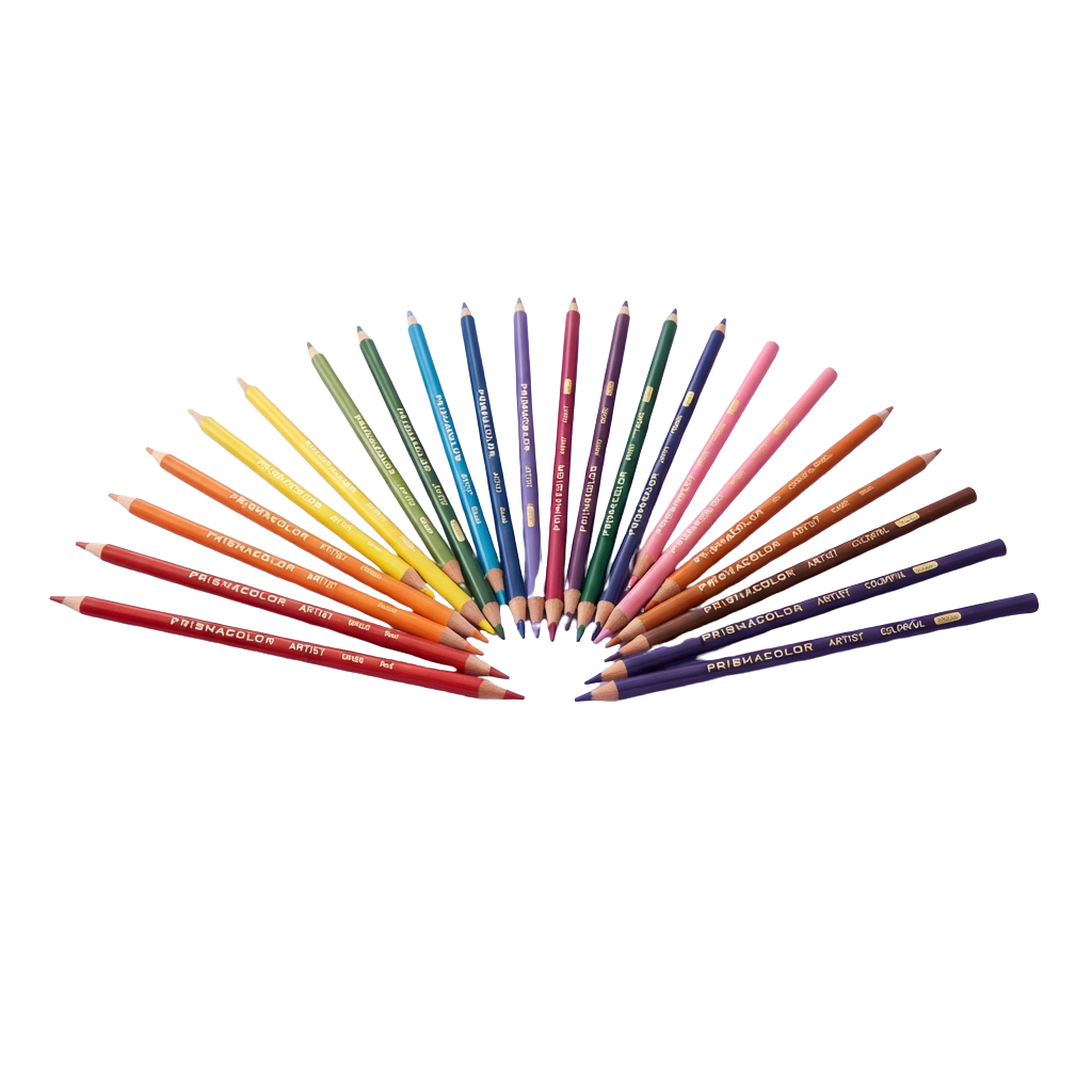 Assorted colored pencils arranged in a rainbow fan shape on black background