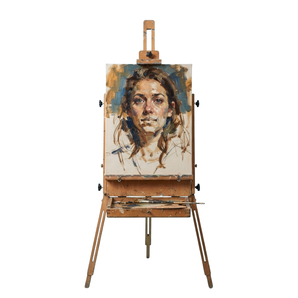 A painted portrait of a woman on an easel with visible brushes and palette below