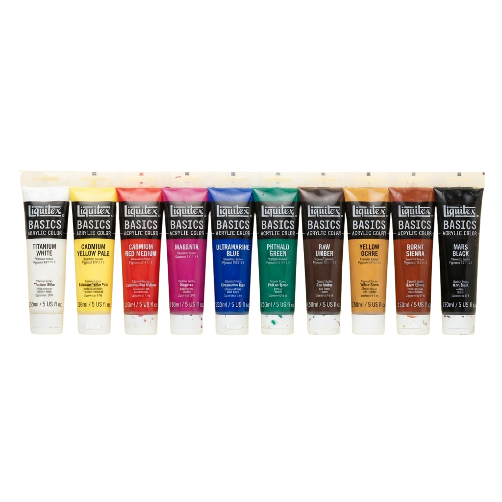 Twelve tubes of acrylic paint in various colors arranged in a row