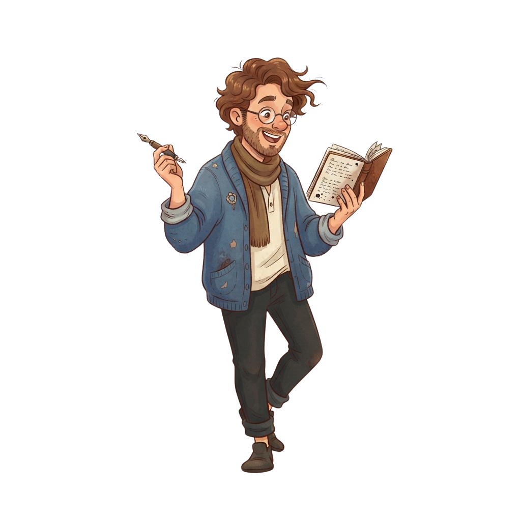 A smiling man with curly hair, glasses, and a scarf, holding a notebook and pen, appearing excited and creative.