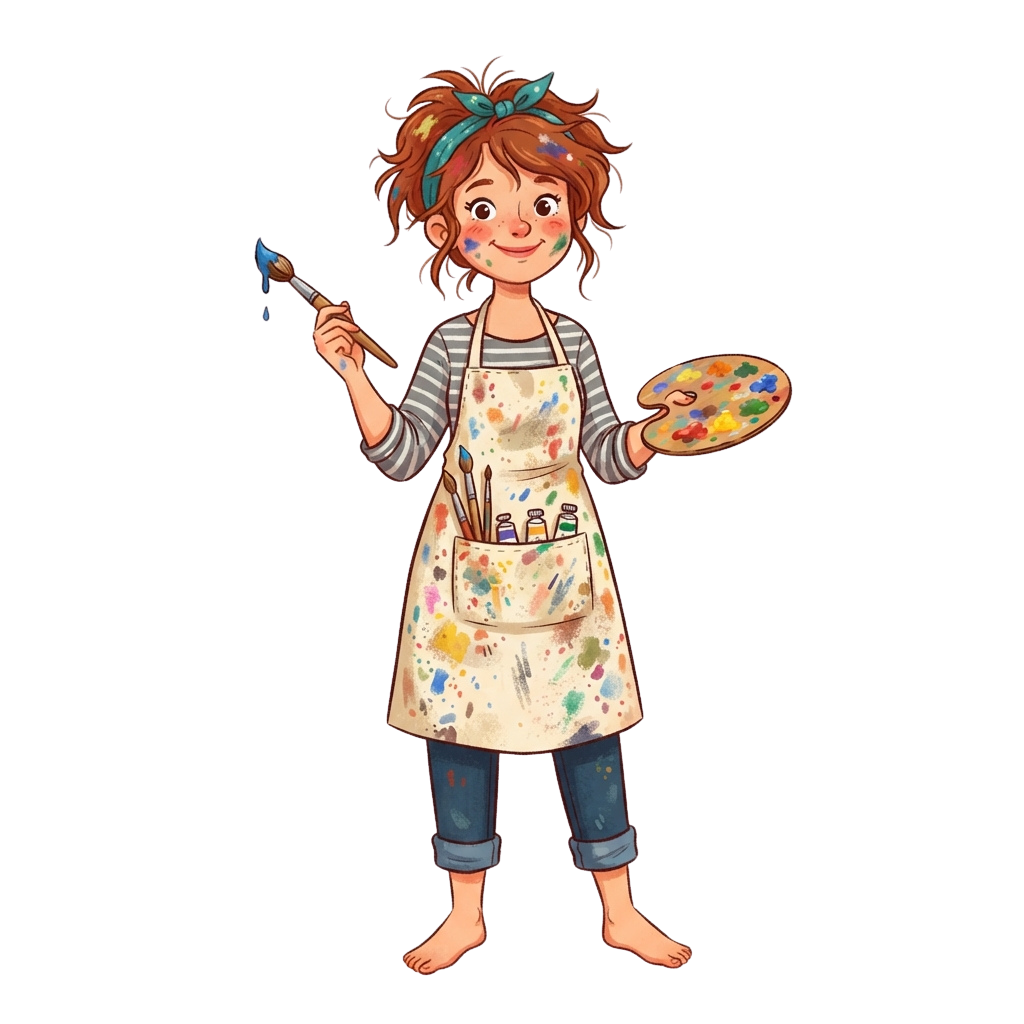 A cheerful child wearing a paint-splattered apron holding a paintbrush and palette