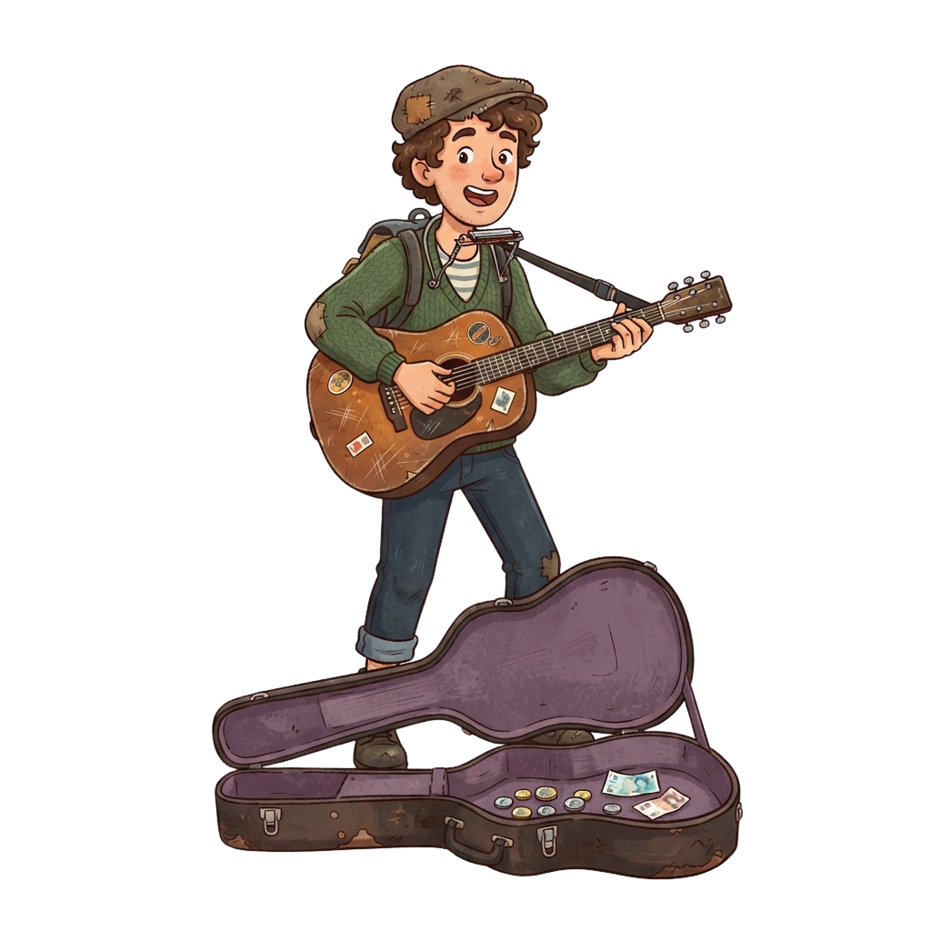 Illustration of a cheerful person playing a light brown acoustic guitar with an open guitar case filled with coins beside them