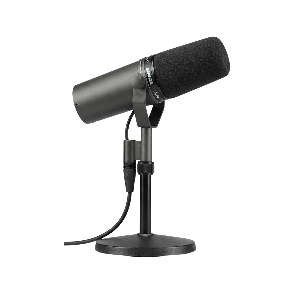 A black condenser microphone mounted on a black adjustable stand with a cable attached.