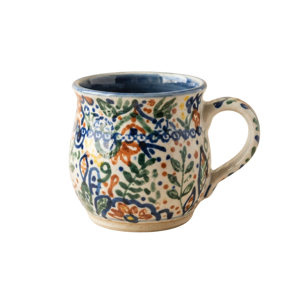 Decorative ceramic mug featuring colorful floral patterns and a blue rimmed top