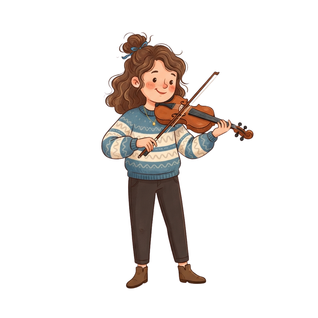 A smiling child holding and playing a violin, wearing a striped sweater and brown pants.