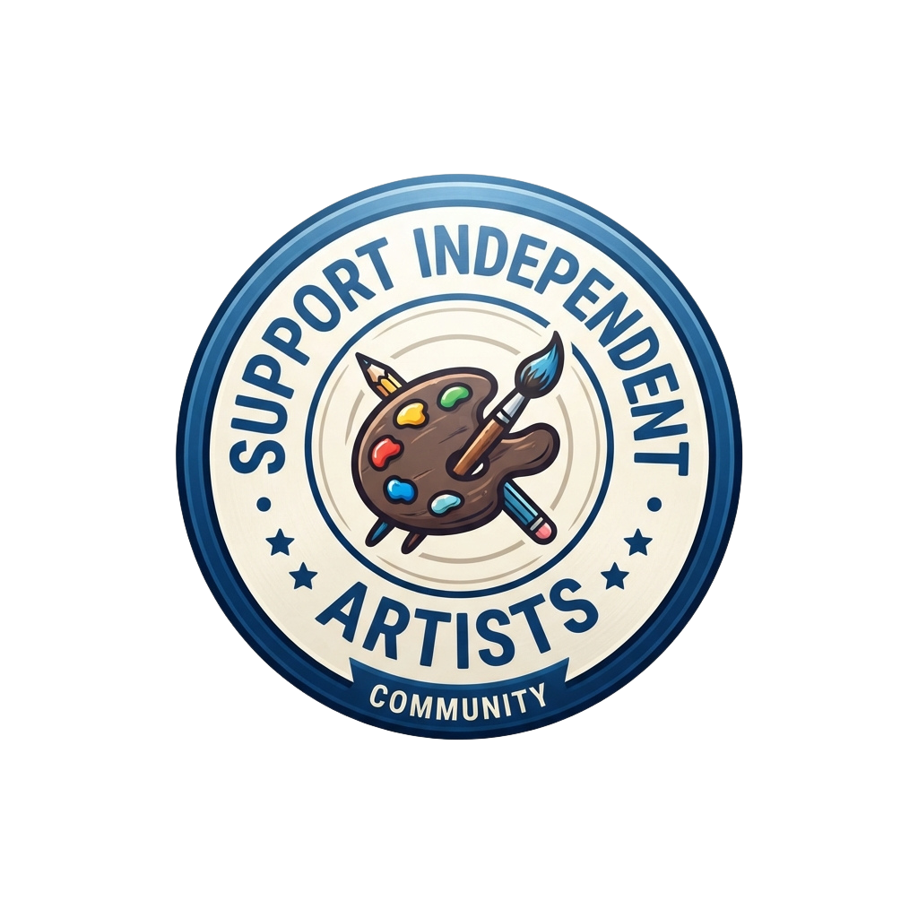 Logo featuring a paint palette and brush inside a circle with text supporting independent artists community