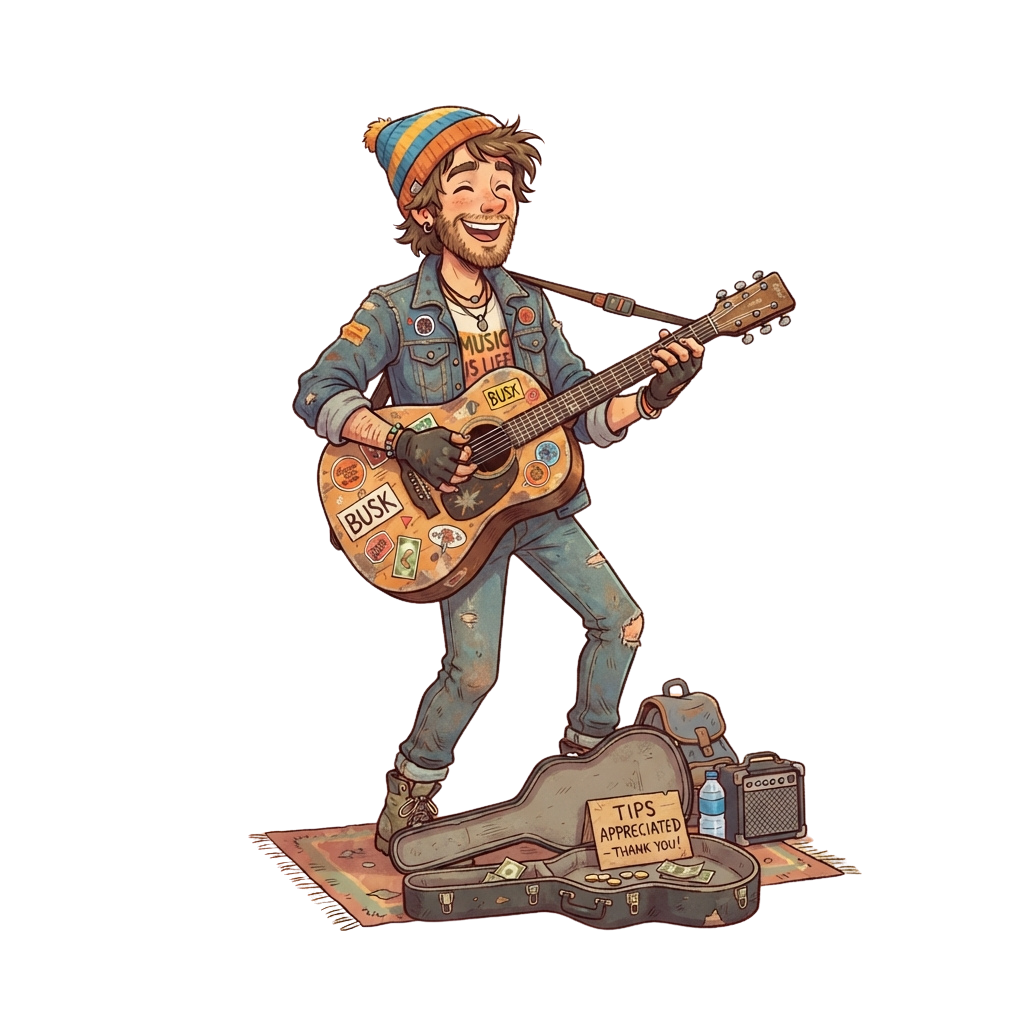 A cheerful musician wearing a beanie and denim jacket plays an acoustic guitar decorated with stickers, standing next to a guitar case with a tips sign.