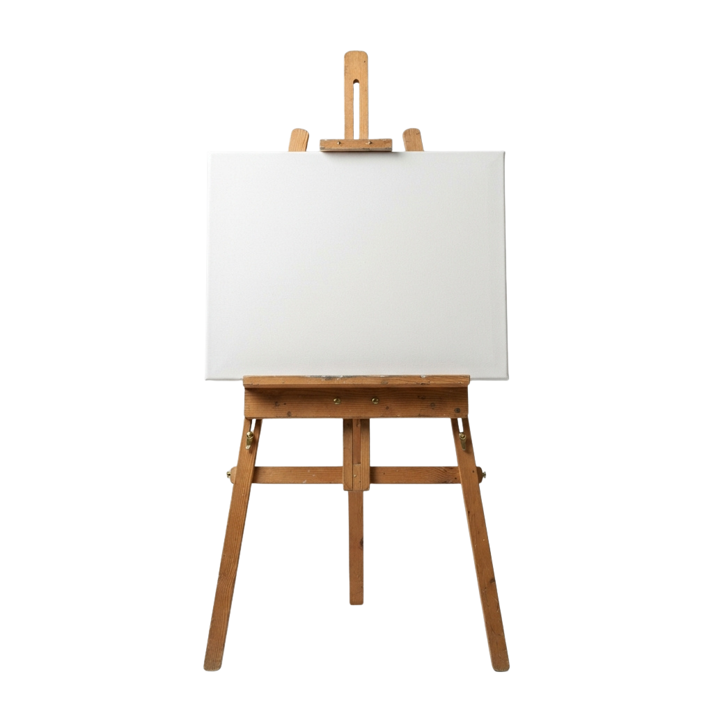 A wooden easel holding a blank white canvas against a black background