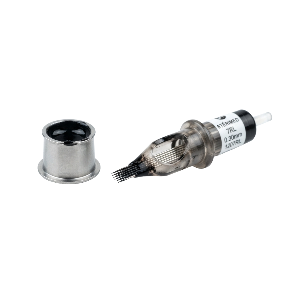 A sterile tattoo needle with a 0.30mm grouping and a matching needle tube cap