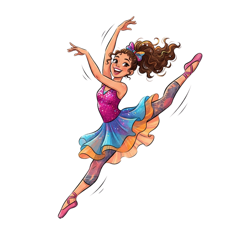 A cheerful ballerina in a vibrant tutu leaping with arms outstretched and legs bent in a dynamic pose