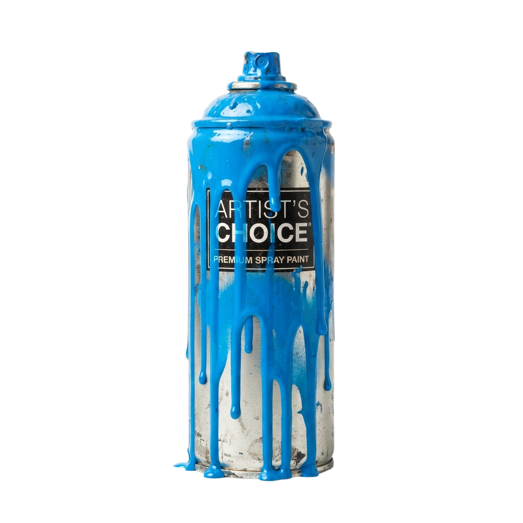 Blue spray paint can labeled Artist's Choice with dripping paint on a black background