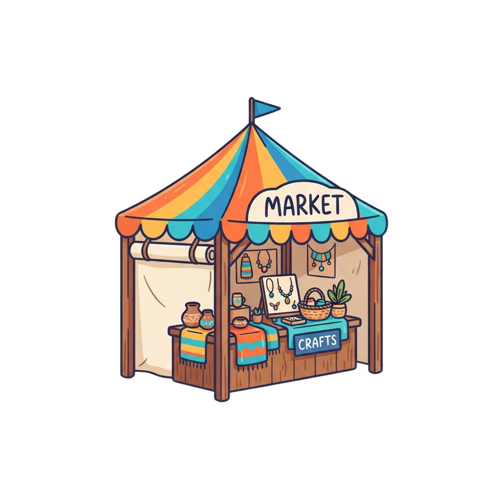 Illustration of a vibrant market tent labeled Market and Crafts with various handmade items on display