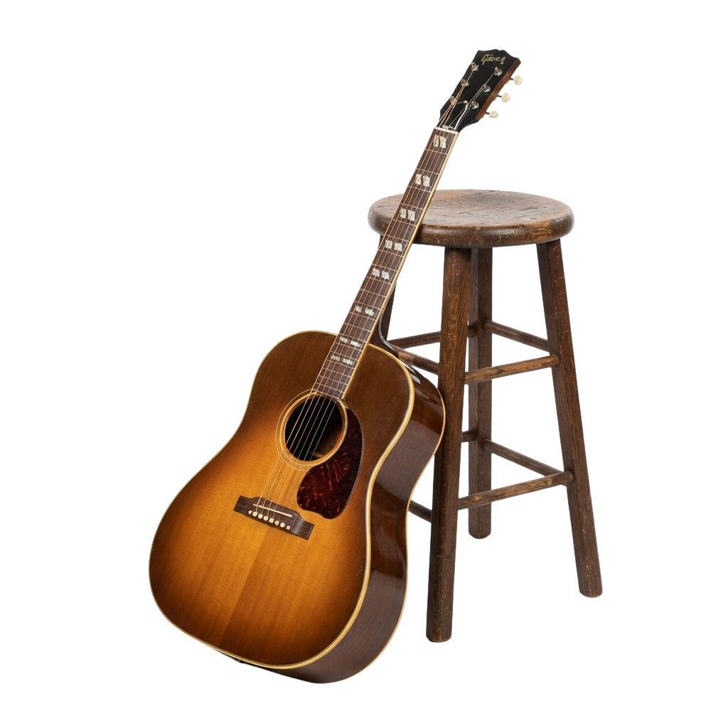 An acoustic guitar leaning against a wooden stool on a black background