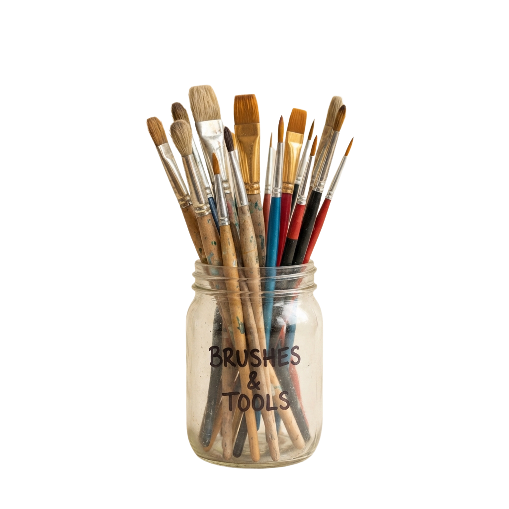 A glass jar labeled Brushes and Tools holding various paintbrushes with wooden handles and bristles.
