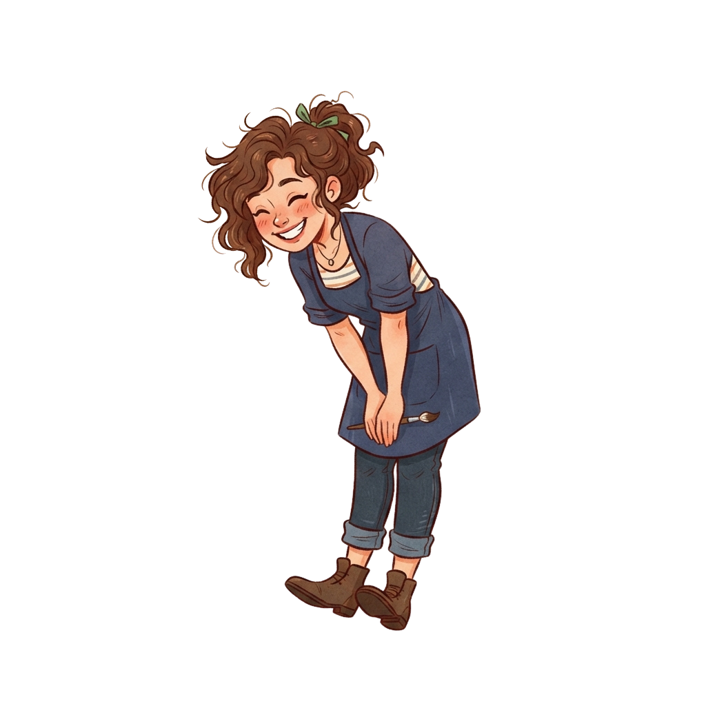 A cheerful cartoon character with curly hair wearing a blue apron and jeans, holding a paintbrush while smiling.