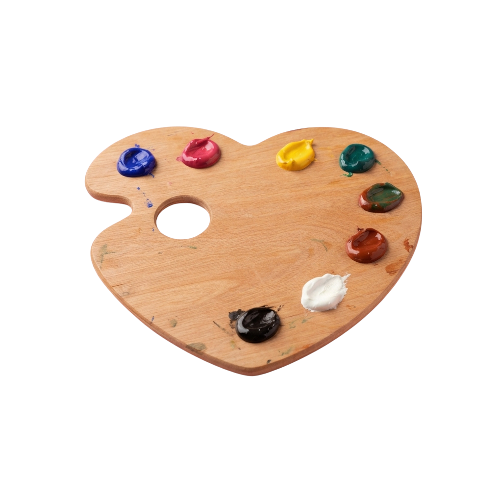 Wooden heart-shaped palette with seven paint wells containing blue, red, yellow, green, black, white, and brown paint