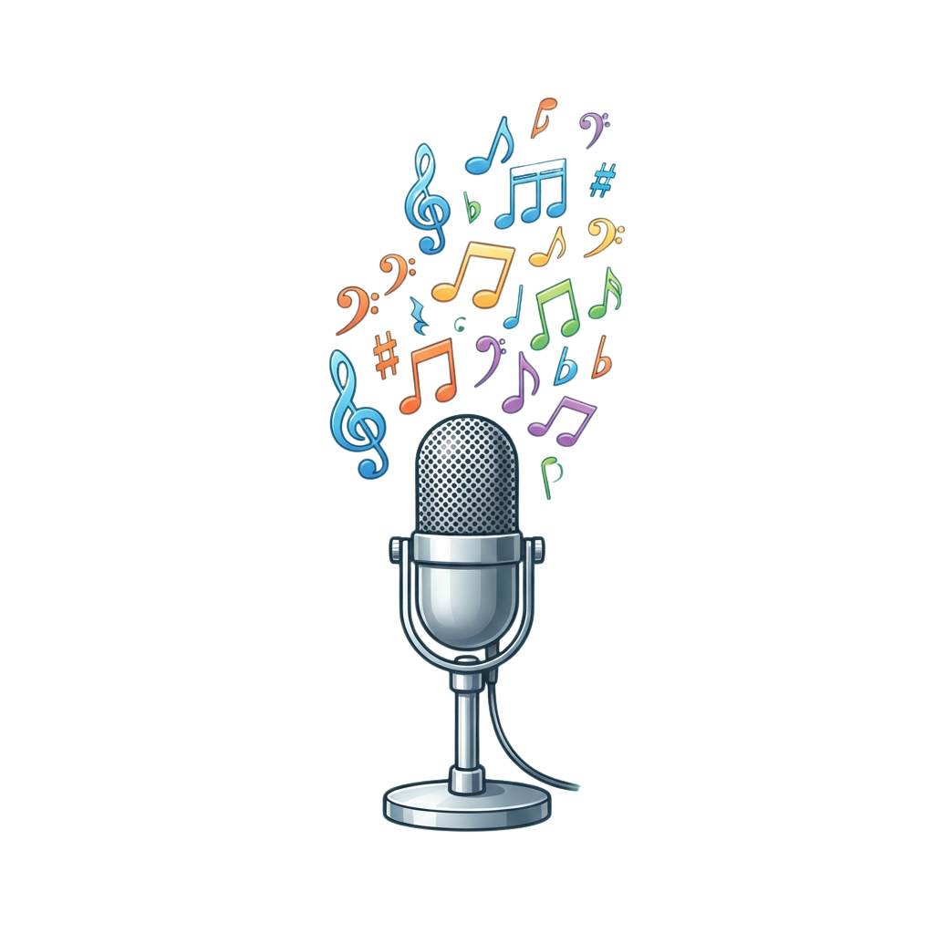 A microphone emitting colorful musical notes and symbols against a black background