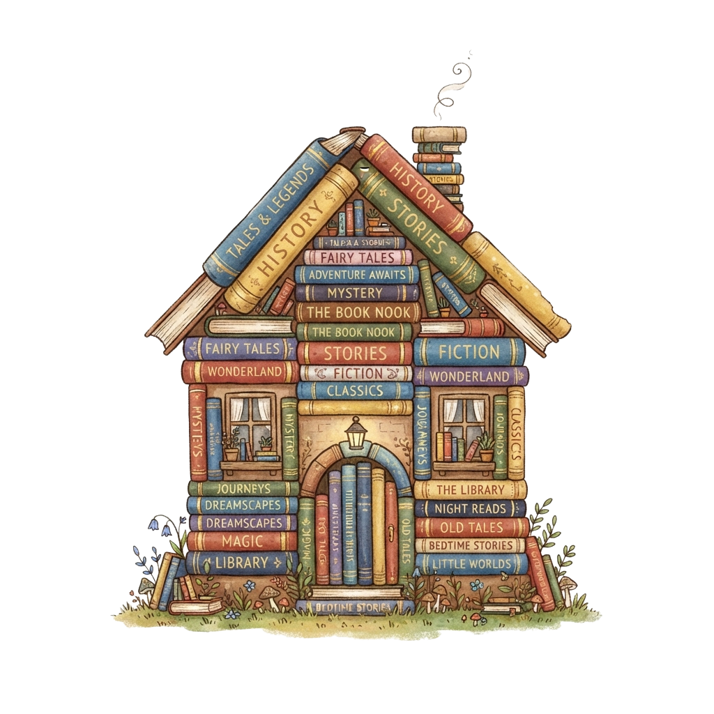 A charming house built from colorful books labeled with various literary genres and themes