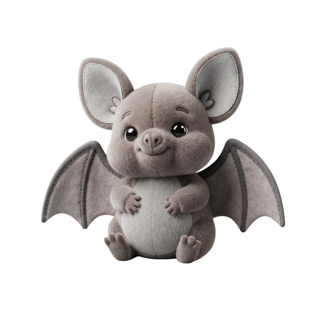 A cute cartoon bat with large ears and wings sitting with arms crossed
